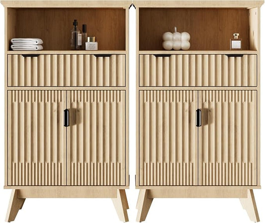 Fatmok Buffet Cabinet with Storage Seto of 2, 40" Modern Fluted Coffee Bar Cabinet with Drawer & Open Shelf, Wood Buffet Sideboard Console Table for Entryway, Kitchen, Living Room (Natural Wood)