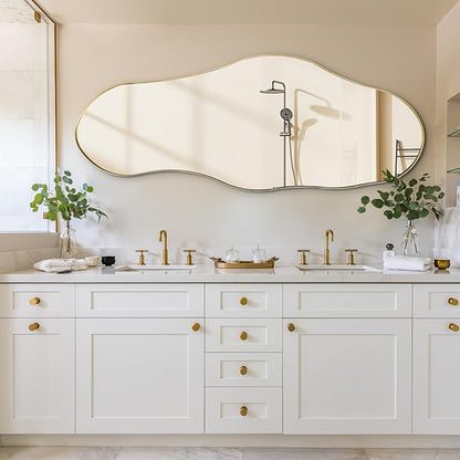 Large Asymmetrical Mirrors, 55"x22" Irregular Shaped Mirror, Gold Metal Frame Abstract Wall Mirror Decorative, Modern Funky Mirrors for Living Room Bathroom Bedroom Hallway Entryway Fireplace