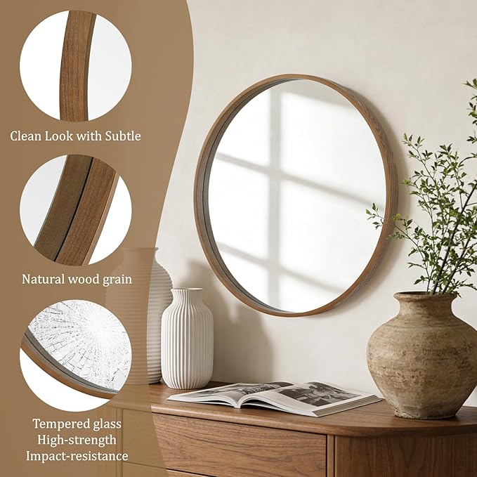 WallBeyond Wood Round Mirror with Wood Frame 24 inch Circle Wall Mirror for Bathroom Round Wall Mirror for Wall Decor, Vanity, Entryway Living Room (Walnut)
