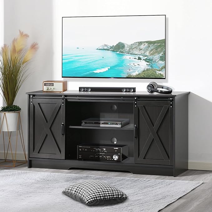 4 EVER WINNER 59" Farmhouse TV Stand, TV Entertainment Center with Sliding Barn Door & Adjustable Shelf for 65" TV, TV Stand for Living Room, Bedroom, Dark Brown