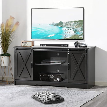 4 EVER WINNER 59" Farmhouse TV Stand, TV Entertainment Center with Sliding Barn Door & Adjustable Shelf for 65" TV, TV Stand for Living Room, Bedroom, Dark Brown