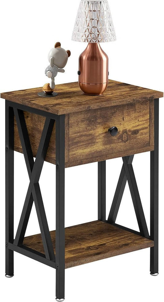 VECELO Nightstand,Modern Bedside End Tables, Night Stand with Drawer and Storage Shelf for Living Room Bedroom, Industrial Metal Frame