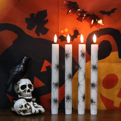 Halloween Flameless Taper Candles Battery Operated with Remote and Timer, Real Wax 3D Wick Flickering LED Taper Candle Spider Web Decals Dinner Table Halloween Decor(4 Pack, 0.78”D x 9.64”H)