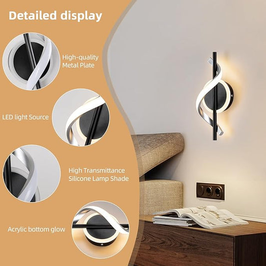 EIDISUNY LED Wall Sconces Indoor, 12W LED Wall Mount Lights, Modern Spiral Wall Lamp, 3000K Warm White LED Light Fixture for Stairs Living Room Bedroom Aisle Hallway (Warm White, Black)
