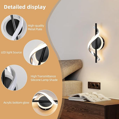 EIDISUNY Black Wall Sconces Sets of 2, 12W Modern Spiral LED Wall Lamp, 3000K Warm White Wall Light Fixture for Stairs Living Room Bedroom Aisle Hallway