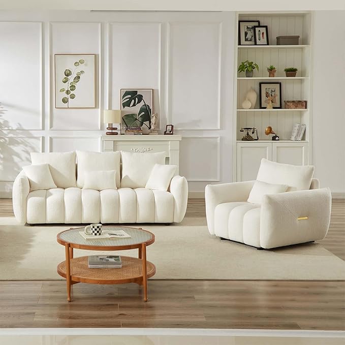 Antetek Teddy Sofa Set for Living Room, Modern Deep Seat Sofa Chair and Oversized 3-Seater Cloud Boucle Couch for Bedroom, Office, Apartment, Furniture Set, Beige (2 Piece)