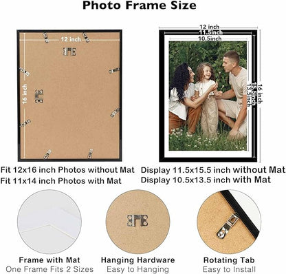 JCJMY 12 Pack 12x16 Picture Frame with 11x14 Mat, Display 11x14 with Mat or 12x16 Without Mat, 12 by 16 Frames Bulk Set of 12 Collage Gallery Wall Decor Photo Frames Set for Wall,Black