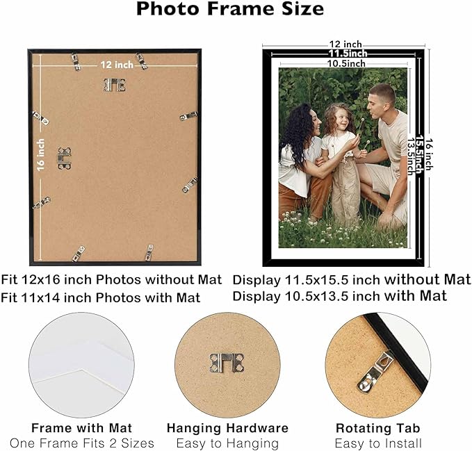 JCJMY 10 Pack 12x16 Picture Frame with 11x14 Mat, Display 11x14 with Mat or 12x16 Without Mat, 12 by 16 Frames Bulk Set of 10 Collage Gallery Wall Decor Photo Frames Set for Wall, Black