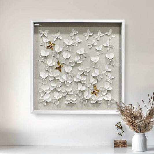 BrightA 3D Textured wall decorations, leather and metal-tinged golden and white metal butterfly wall sculptures, large artworks, gradient colors, modern artworks, suitable for decoration in living rooms and bedrooms (23.6"x23.6", White wooden frame)
