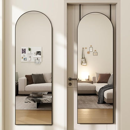 Arched Full Length Door Mirror 14x48, Metal Frame with Protective Film, No-Drilling Hanging or Wall Mount, Hooks & Hardware Included, Full Body Mirror for Bedroom, Dorm, Black