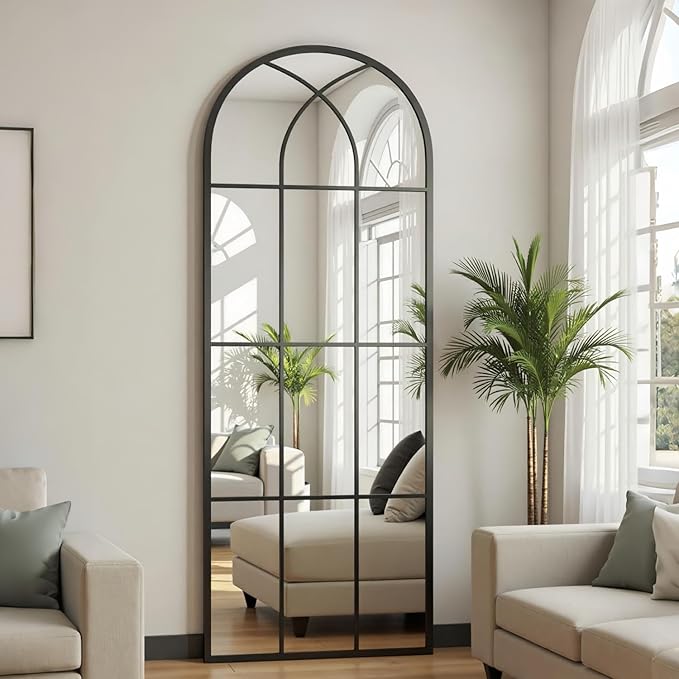 Prywot Full Length Mirror, 56"x22" Arched Window Pane Mirrors for Wall Decor, Black Full Body or Wall Mounted Mirrors, Farmhouse Standing Mirror Hanging or Leaning for Living Room, Entryway, No Stand