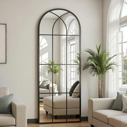 Prywot Full Length Mirror, 56"x22" Arched Window Pane Mirrors for Wall Decor, Black Full Body or Wall Mounted Mirrors, Farmhouse Standing Mirror Hanging or Leaning for Living Room, Entryway, No Stand
