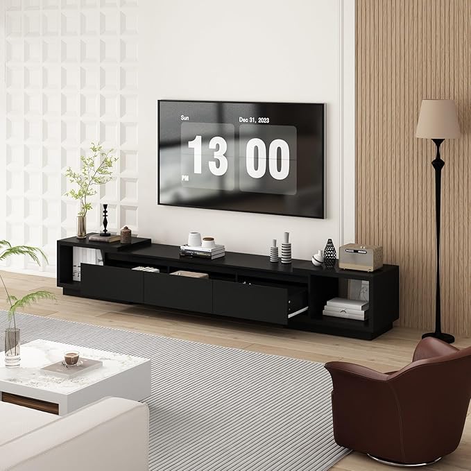 Extendable TV Console Table Modern TV Cabinet with Drawers, Contemporary Media Storage Console Table for Living Room Black (65.4-106.3”W x 15.7”D x 15.4”H)