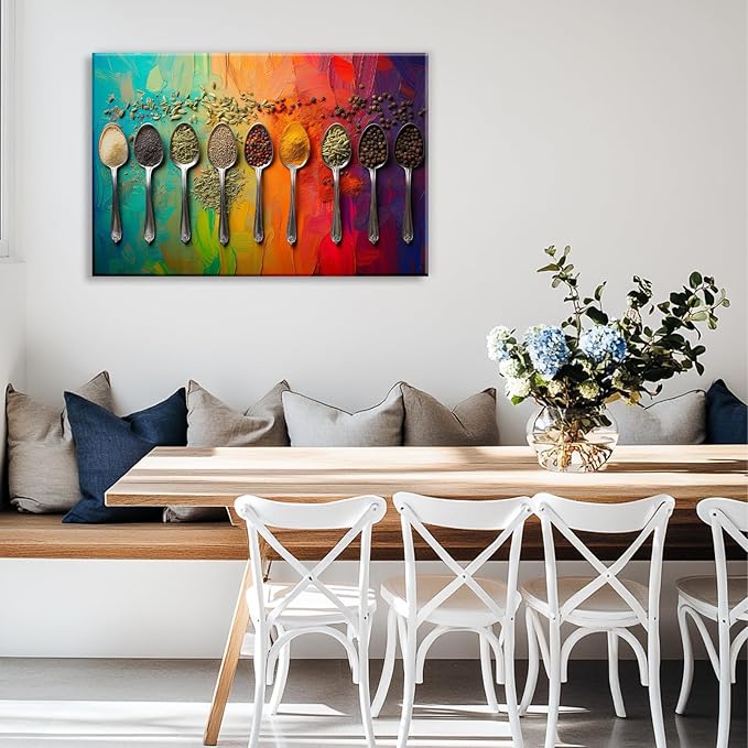 OAAPITI Kitchen Canvas Wall Art Colorful Spices Seasoning Spoon Picture Print Rustic Contemporary Artwork For Home Kitchen Dining Room Wall Decor(Artwork-2,28"x42")