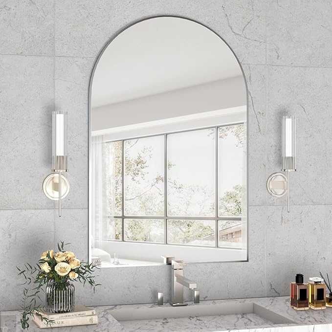 Wall Mounted Mirror, Arched Wall Mirror for Bathroom, 24"x36" Arch Bathroom Mirror with Metal Frame, Silver Vanity Mirror Decor for Mantle, Bedroom, Entryway, Living Room