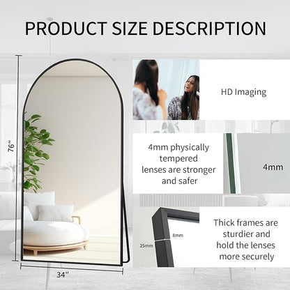 Beauty4U Arched Full Length Mirror 76" x 34", Black Large Full Body Mirror with Stand, Floor Standing & Wall Mounted HD Tempered Glass Dressing Mirror for Bedroom, Living Room, Entryway