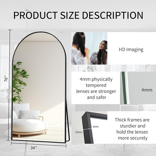 Beauty4U Arched Full Length Mirror 76" x 34", Black Large Full Body Mirror with Stand, Floor Standing & Wall Mounted HD Tempered Glass Dressing Mirror for Bedroom, Living Room, Entryway