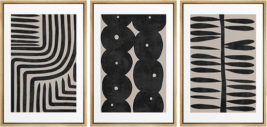 SIGNLEADER Framed Canvas Print Wall Art Set Geometric Black Paint Stroke Patterns Abstract Shapes Illustrations Modern Art Decorative Contemporary for Living Room, Bedroom, Office - 16"x24"x3 NATURAL