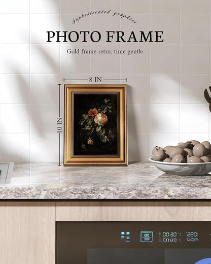 VIYYIEA Vintage Gold Framed Floral Wall Art, Dark Botanical Academia Moody Canvas Decor, Aesthetic Classical Roses Still Life Pictures, Victorian Picture Wall Decor for Gallery Bathroom Bedroom, 8x10inch