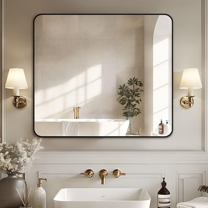 Antok Bathroom Mirror, 40"x36" Wall Mirror, Decorative Mirrors Vanity Mirror Aluminum Alloy Frame Contemporary Rectangular Hanging Mirror for Living Room Bathroom Entryway,Black,Round Corner