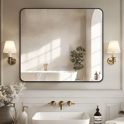 Antok Bathroom Mirror, 40"x36" Wall Mirror, Decorative Mirrors Vanity Mirror Aluminum Alloy Frame Contemporary Rectangular Hanging Mirror for Living Room Bathroom Entryway,Black,Round Corner