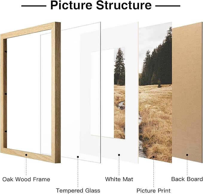 Yaetm 11x14 Oak Wood Picture Frame with Mat for 8x10 Set of 3, Natural Solid Wood 11x14 Frame with Tempered Glass for Wall Gallery & Home (3 Pack, Oak)