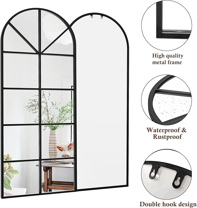 Floor Full Length Mirror, 71"x32" Large Arched Window Pane Mirror, Oversize Wall Full Body Mirrors, Black Farmhouse Standing Mirrors Hanging or Leaning for Living Room, Entryway, No Stand