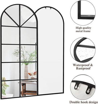 Floor Full Length Mirror, 71"x32" Large Arched Window Pane Mirror, Oversize Wall Full Body Mirrors, Black Farmhouse Standing Mirrors Hanging or Leaning for Living Room, Entryway, No Stand