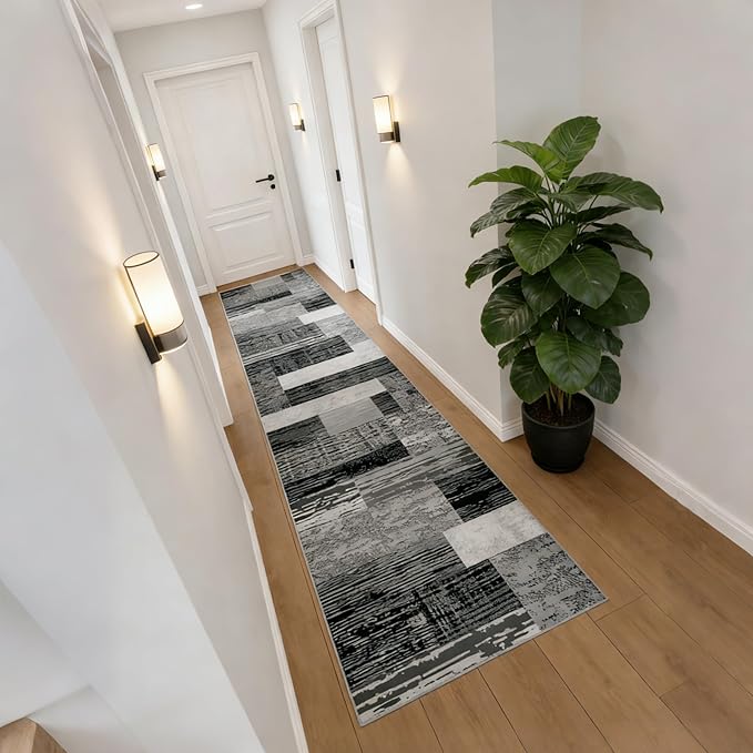 FlyDOIT Modern Geometric Patchwork Area Rug, 2.7x8 Grey Runner Rugs for Living Room, Rockwood Collection Indoor Rugs for Bedroom, Throw Carpet Floor Decor for Entryway Dining Room Office Nursery