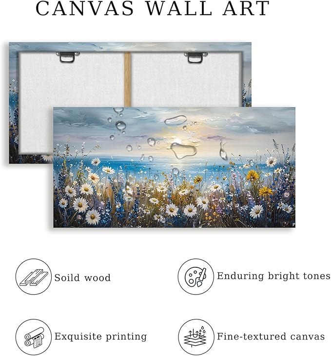 crmotu Beach Wildflower Landscape Wall Art, Seaside Sunset Extra Large Wall Decor, Daisy Floral Botanical Canvas Prints, Modern Rustic House Decorations Living Room Dining Room Farmhouse 29X57 In