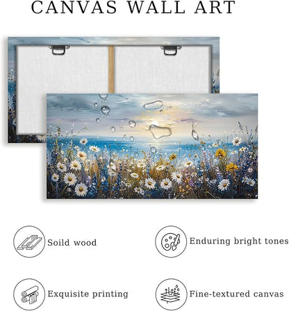 crmotu Coastal Daisy Flower Wall Art, Seaside Sunset Landscape Large Artwork, Beach Wildflower Rustic Pictures Canvas Prints, Seascape Blue Paintings Wall Decor Living Room Bedroom Kitchen 20X40 In