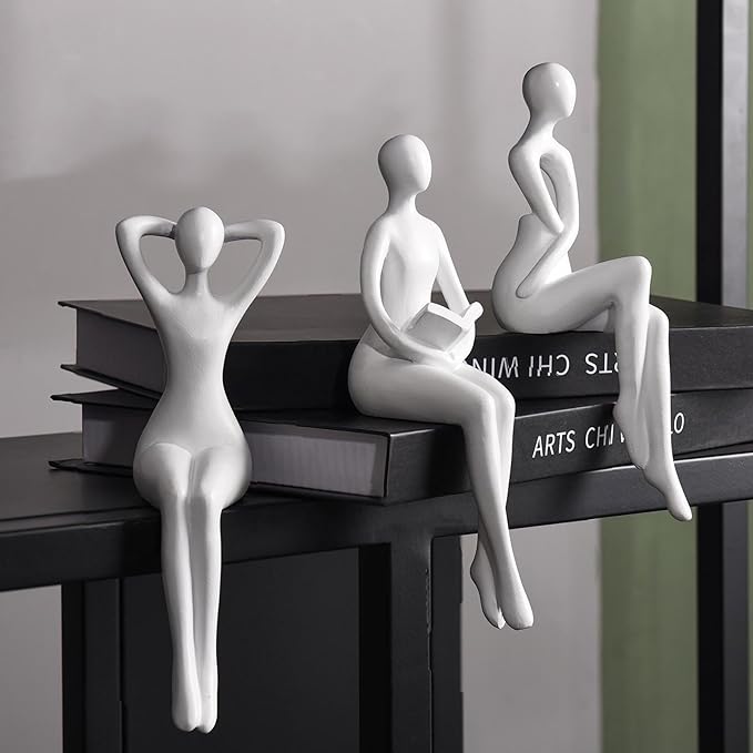 Quoowiit White Thinker Statue Unique Ornament Sculpture, Art Modern Home Decor Accents Bookshelf Decor, Creative Table Decorations for Living Room Desk 3 Piece