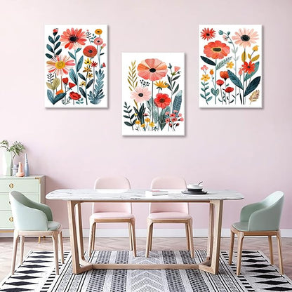 KISSFOX Framed Colorful Wildflower Canvas Wall Art Set Of 3 Flowers Pictures Prints Flowers Printing Floral Watercolors Flower wall Decor Living Room Girls Bedroom Bathroom