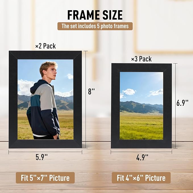 MAXECHO Picture Frame Set of 5, Two 5"x7", Three 4"x6", Black Gallery Photo Frame for Collage Wall and Tabletop Display Home Decor