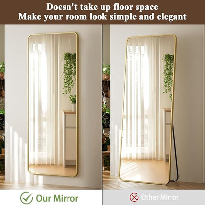 VooBang 14"x48" Full Length Over The Door Mirror - Aluminum Alloy Frame Full Body Mirror with Height-Adjustable Hangers, Hanging Leaning Against Wall for Dorm, Gold