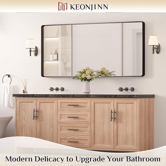 Keonjinn Black Bathroom Mirror for Over Sink, 60" x 28" Large Rounded Rectangle Vanity Mirror, Sandblasted Finish Matte Black Wall Mirrors, Tempered Glass, Anti-Rust Seamless Metal Frame for Restroom