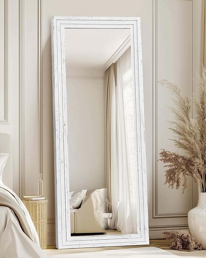 Full Length Mirror 65"x24" Solid Wood Frame Floor Large Mirror for Living Room, Bedroom Hanging or Leaning Wall-Mounted, White