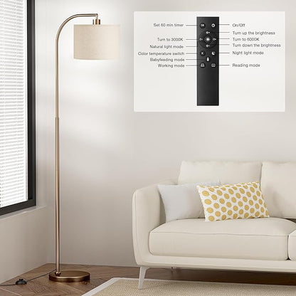 Ambimall Arc Floor Lamp with Remote and Stepless Dimmable Bulb, Colors Temperature & Brightness Adjustable, Floor Lamps for Living Room（Deep Beige Shade & Brown Pole）