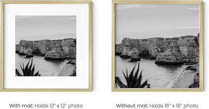 HAUS AND HUES 16x16 Gold Metal Picture Frames Matted to 12x12 - Premium Aluminum with Hanging Hardware, Shatterproof Plexiglass - Ideal for Home or Office (16x16 in, Gold, Set of 4)