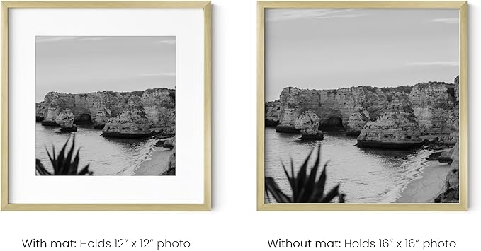 HAUS AND HUES 16x16 Gold Metal Picture Frame Matted to 12x12 - Features Premium Aluminum & Hanging Hardware, Shatterproof Plexiglass - Ideal for Home, Office (16x16 in, Gold, Set of 1)
