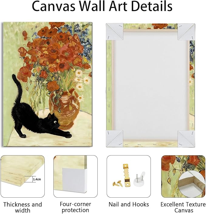 WENGTIAO 3Pcs Black Cat Wall Art Prints Vintage Van Gogh Sunflower Cat Canvas Paintings Irises Floral Pictures Flower Aesthetic Artwork for Living Room Bedroom 16”x24”x3