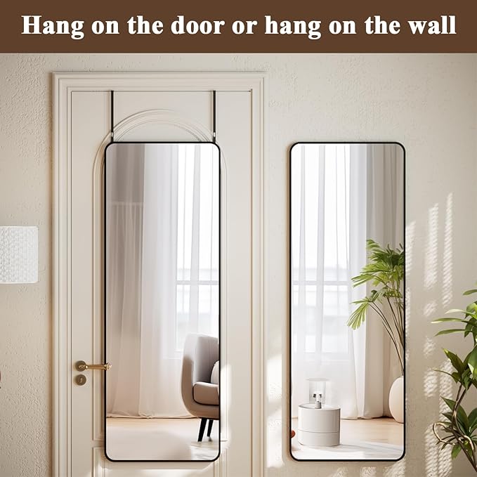 VooBang 14"x48" Full Length Over The Door Mirror - Aluminum Alloy Frame Full Body Mirror with Height-Adjustable Hangers, Hanging Leaning Against Wall for Dorm, Black