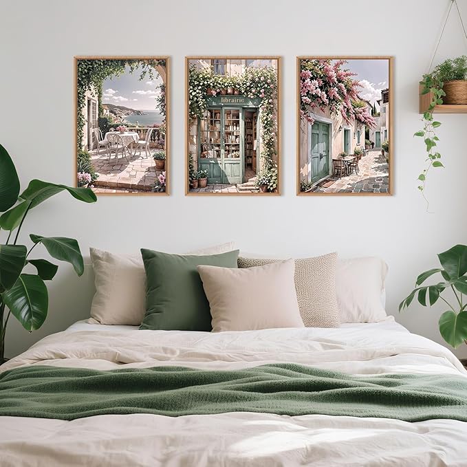 Modern French Flower Street Framed Canvas Wall Art Set,Romantic Green Landscape Wall Decor,Vintage Mediterranean Bookstore Neutral Coast Cityscape Artwork for Living Room, Bedroom-16 x24 x3