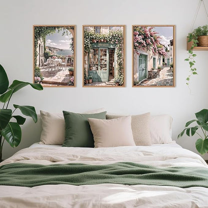 Modern French Flower Street Framed Canvas Wall Art Set,Romantic Green Landscape Wall Decor,Vintage Mediterranean Bookstore Neutral Coast Cityscape Artwork for Living Room, Bedroom-16 x24 x3