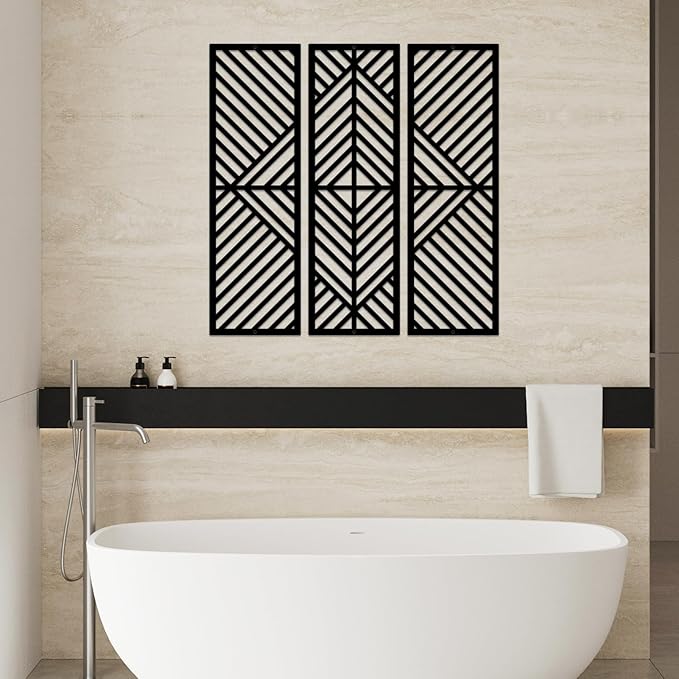 ESTART 3 Pcs Geometric Home Metal Wall Decor Vertical Abstract Minimalist Modern Black Wall Art Slatted Design Wall Hanging Sculpture for Living Room Bedroom Bathroom Study, 17 x 17 Inch