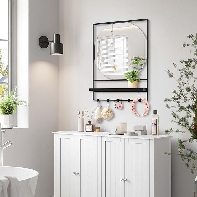 Wall Mirror with Shelf and Hooks, 21" X 28" Metal Framed Bathroom Mirror with Shelf, Decorative Mirror for Bathroom, Entryway, Bedroom, Living Room (Black, 21 x 28)