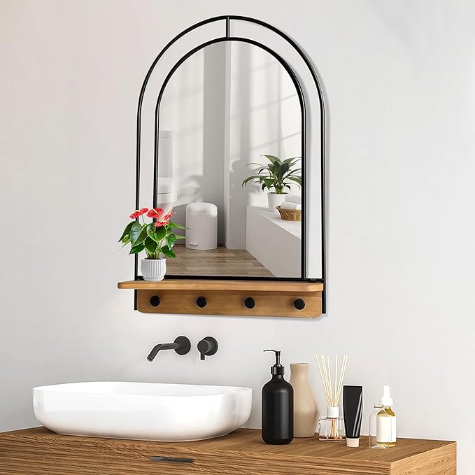 BAODANFU Wall Mirror with Foldable Wood Shelf, Black Bathroom Mirror with 4 Metal Hooks, 20x30 inches Arch Makeup Vanity Mirrors Decorative for Entryway, Bedroom, Dressing Room