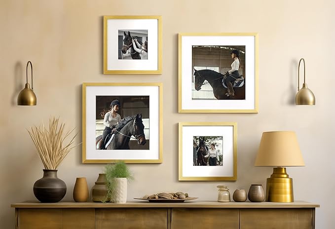 Yaetm 16x16 Gold Picture Frame Matted to 12x12, Set of 3, Thin Square Frame for Gallery Wall Display, Hanging Hardware Included (3 Pack, Gold)