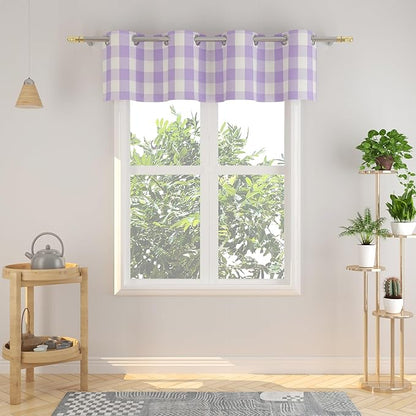 3 Pieces Tier Curtains and Valance Set Buffalo Check Kitchen Tiers Plaid Gingham Grommet Top Classic Short Small Cafe Curtains Country Farmhouse Cafe Bathroom 54"x18"/32"x30" Lilac & White