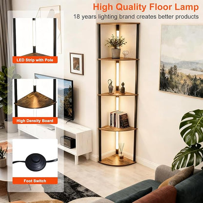 Lightdot Corner Floor Lamps with Shelves, 64Inch 5-Tier Storage Shelf Lamp with Integrated LED Posts/Amber Shelf/Black Frame, Black Display Floor Lamp for Living Room Bedroom/Sofa Beside/Corner Decor